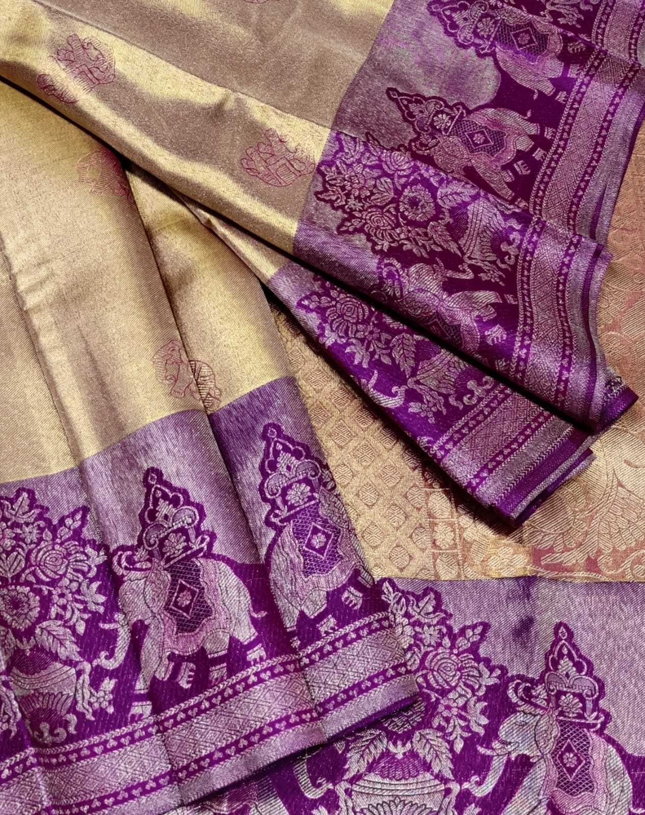 Beige Gold & Royal Purple Kanchipuram Silk Saree